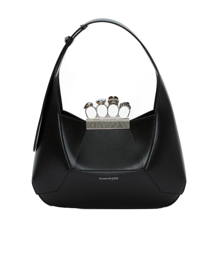 Alexander Mcqueen Mini Jewelled Leather Hobo In Black