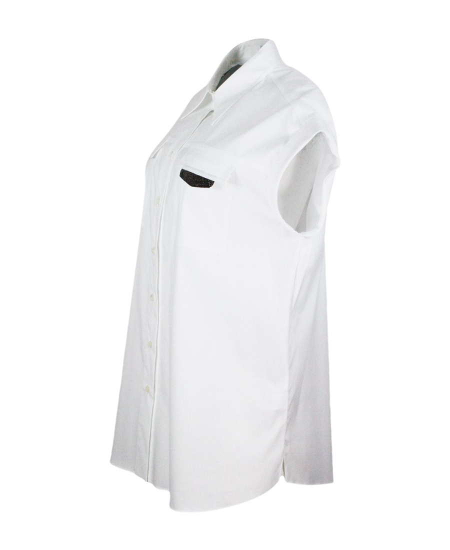 Brunello Cucinelli Sleeveless Shirt In Stretch Cotton With Front Pockets Embellished With Shiny Jewels In White
