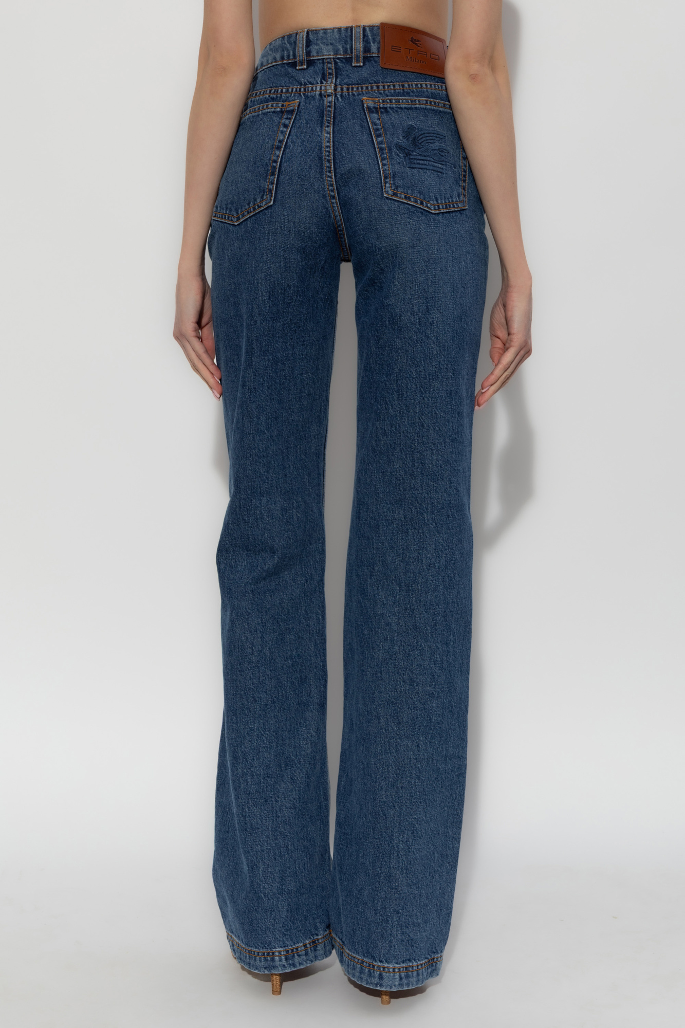 Etro Flared Denim Jeans With Pegaso Embroidery In Blue
