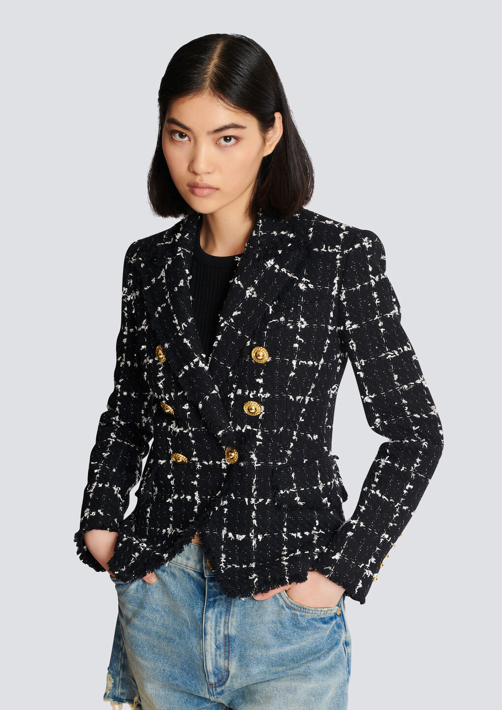 Balmain Grid Tweed Double-breasted Blazer In Black