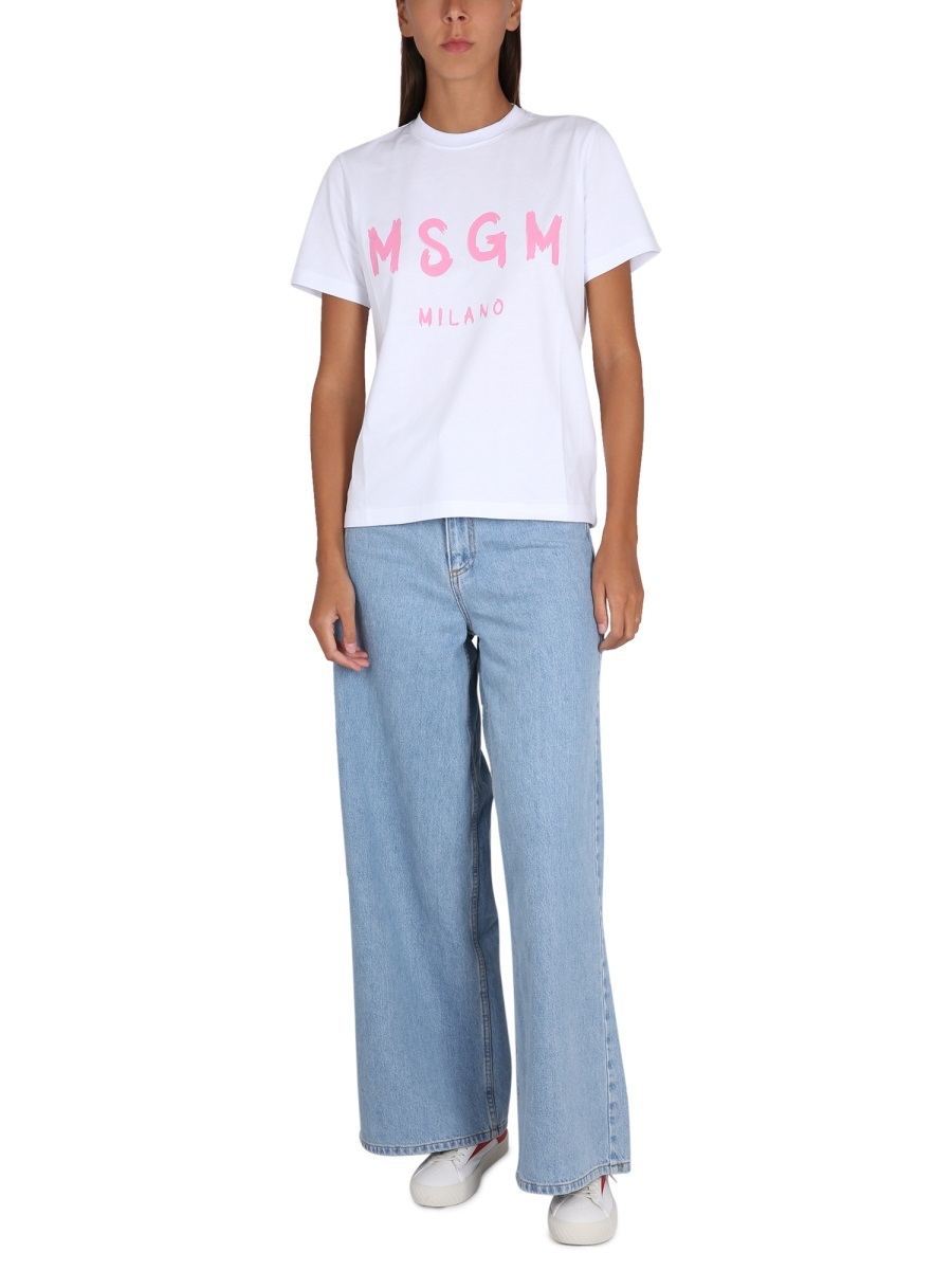 Msgm Jersey T-shirt With Brushstroke Printed Logo In White