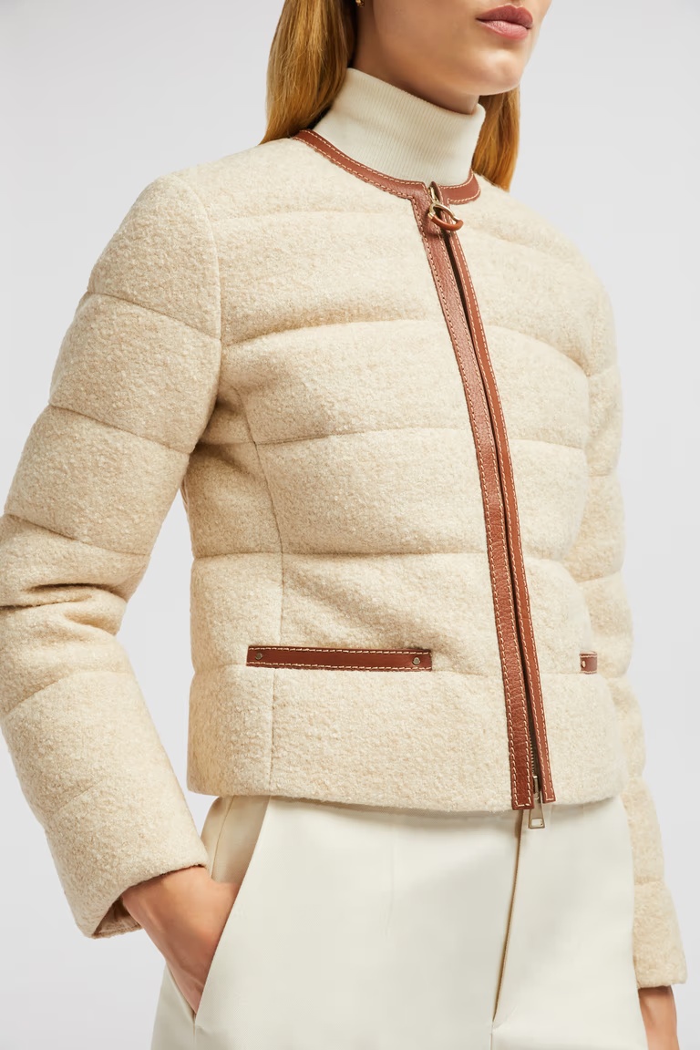 Moncler Serinde Leather-trimmed Quilted Wool-blend Bouclé Down Jacket In Nude