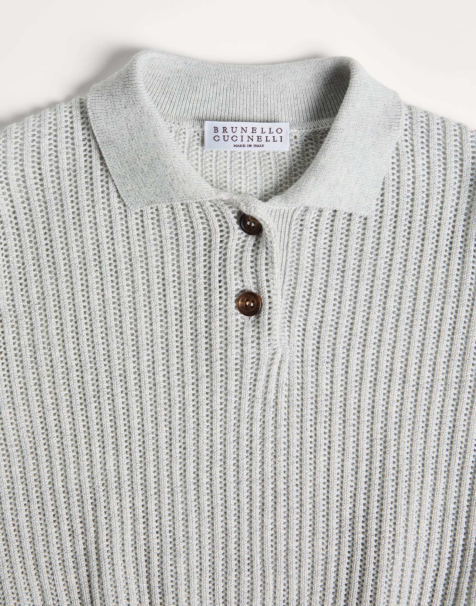 Brunello Cucinelli Sparkling Cotton Openwork Rib Knit Polo Shirt In Fog Color