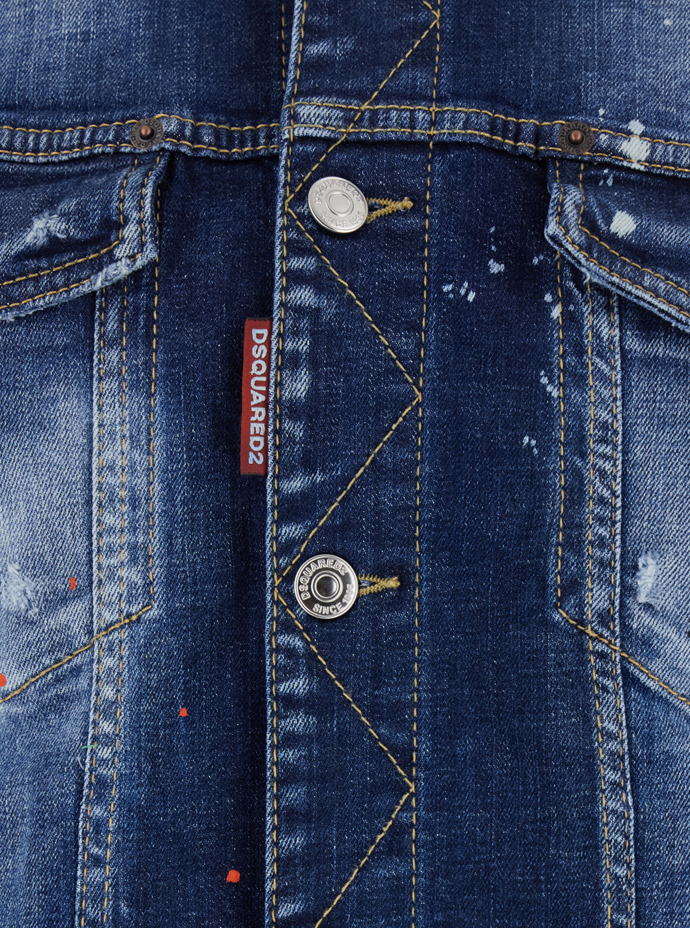 Dsquared2 Dan Blue Jacket With Classic Collar And All-over Painted Details In Denim Man In Blue