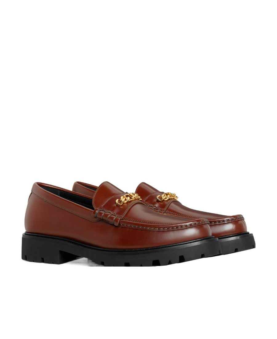 Celine Margaret Triomphe Chain Chunky Loafer In Polished Bullskin In Brown