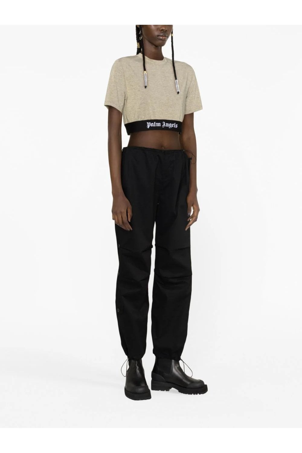 Palm Angels Logo Tape Short-sleeved Cropped T-shirt In Nude