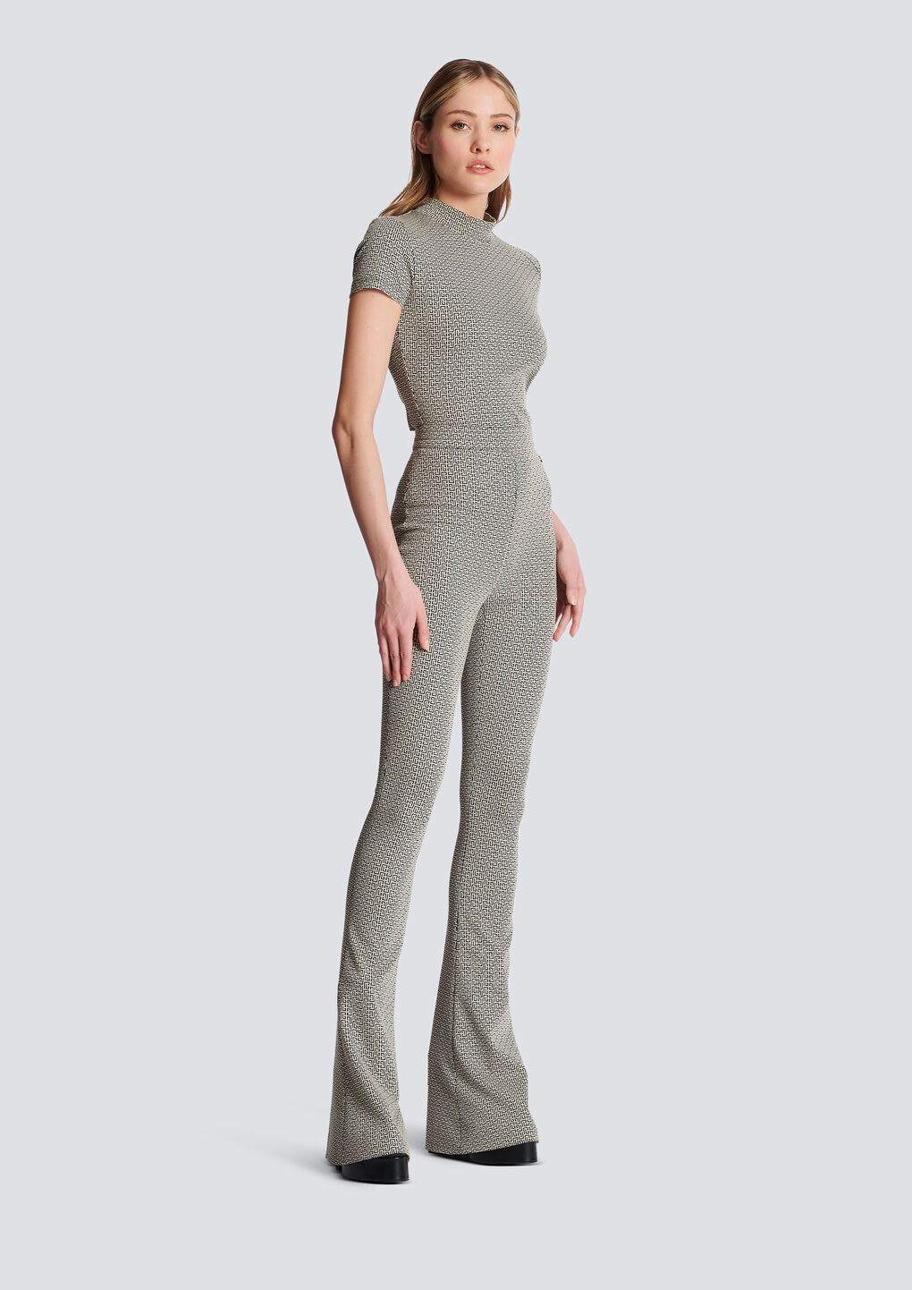 Balmain Monogram Jacquard Flared Trousers In Gray
