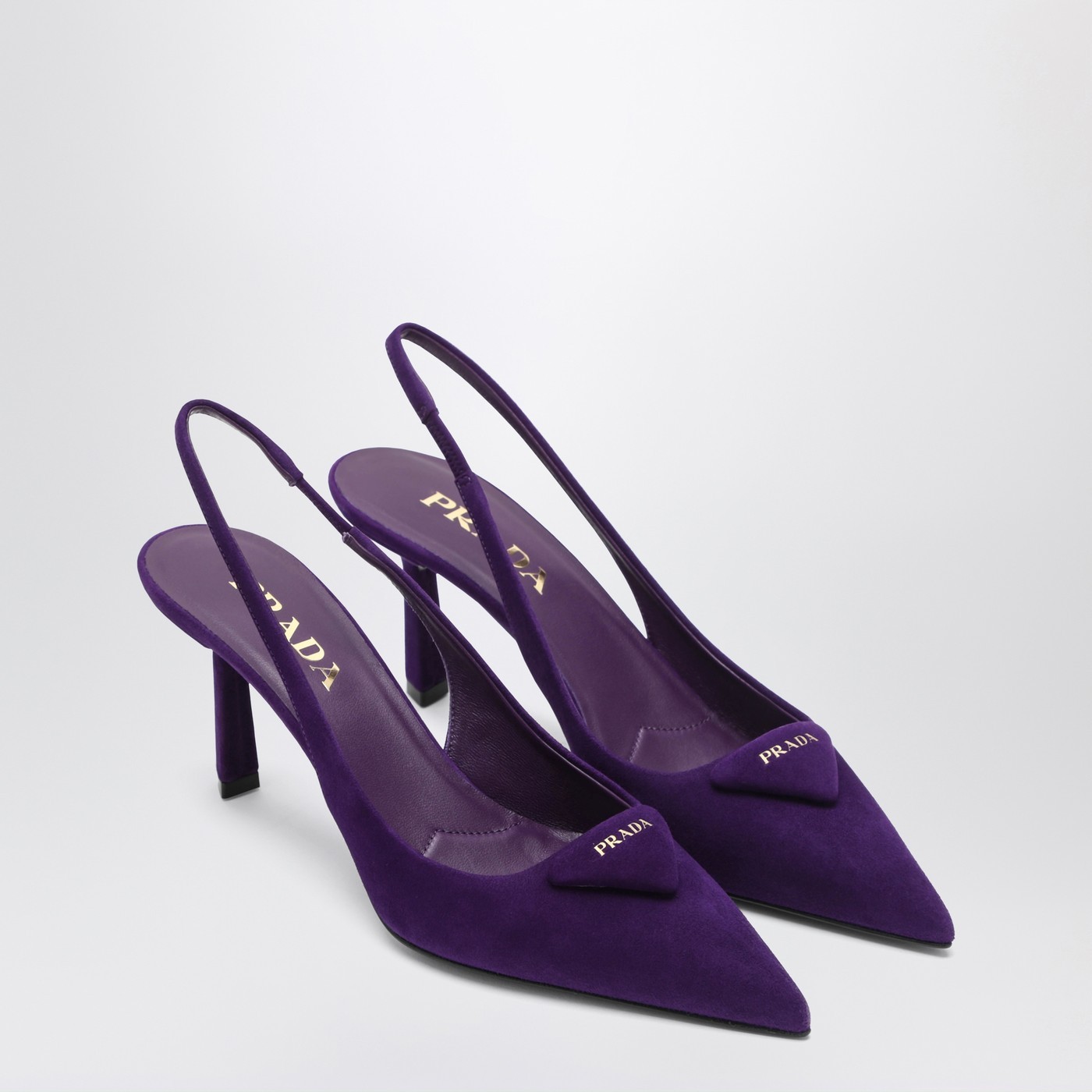 Prada 75 Triangle Logo Slingback Suede Pumps In Purple