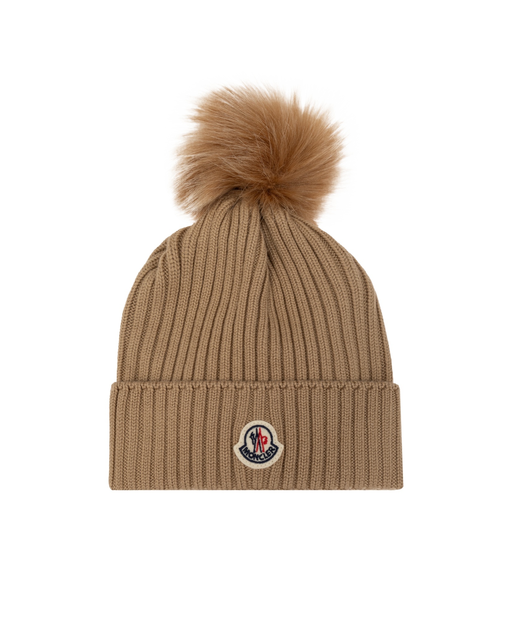 Moncler Pompom Ribbed Beanie In Brown