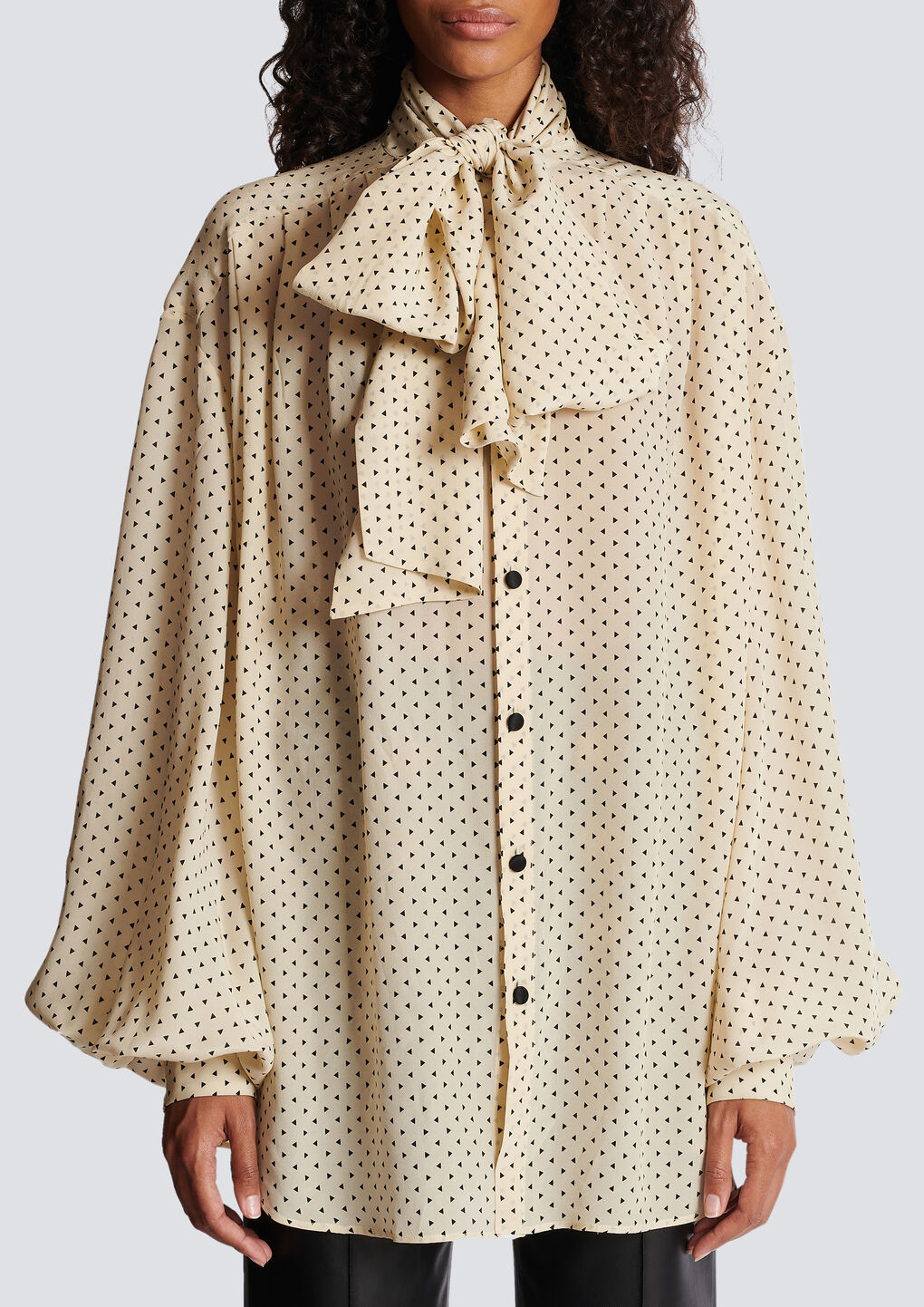 Balmain Printed Pussy Bow Silk Blouse In Nude