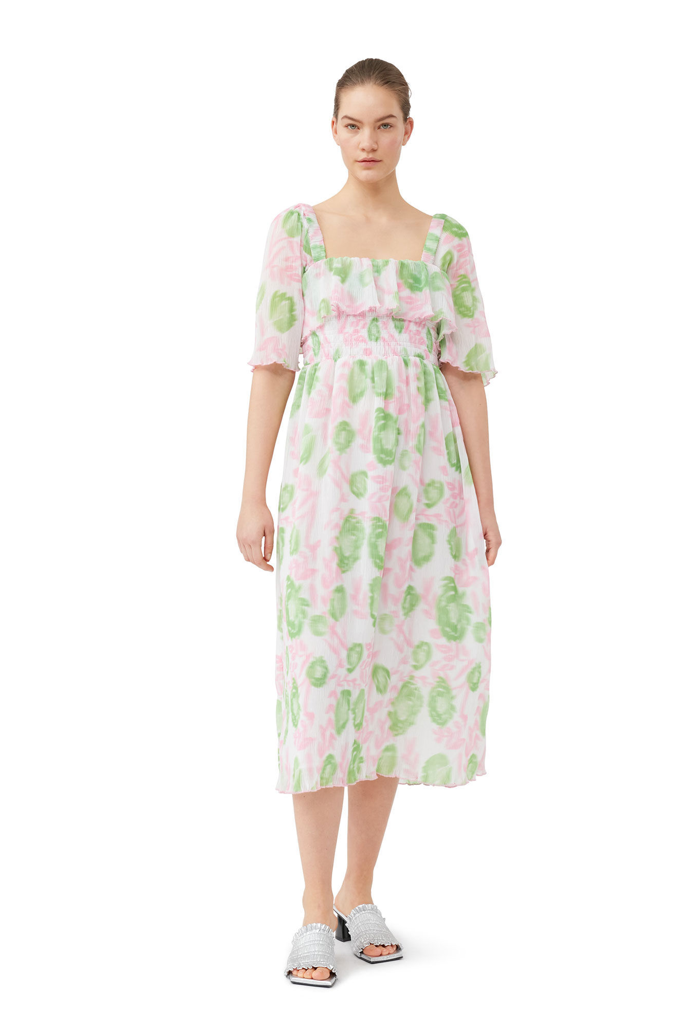 Ganni Short Sleeve Pleated Georgette Midi Smock Dress In Pink