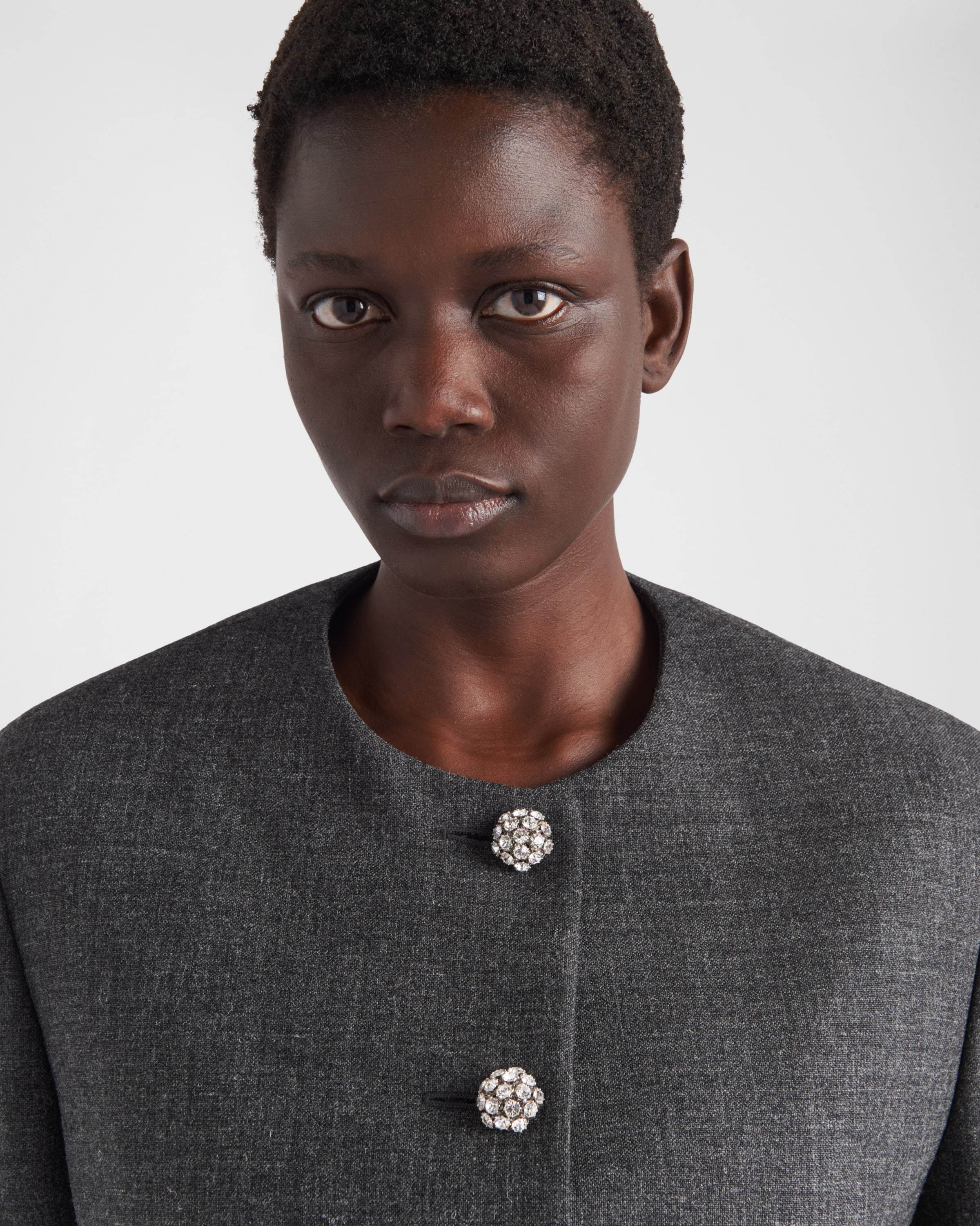 Prada Mat Feather-cuff Cropped Jacket With Crystal Buttons In Gray