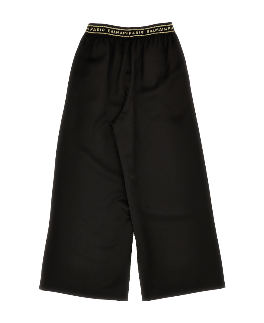 Shop Balmain Wide-leg Logo-waistband Trousers In Black