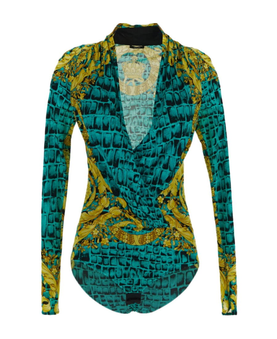 Versace Baroccodile-print Draped Bodysuit In Green