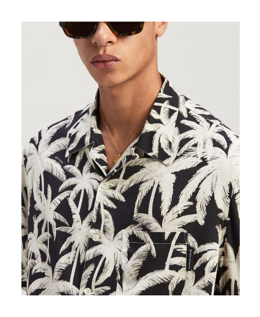Palm Angels Black And White Short Sleeve Shirt With All-over Palm Print In Viscose In White