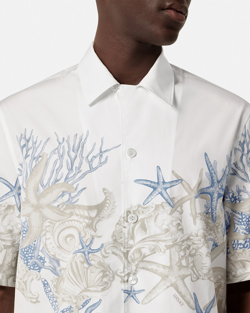 Versace Coral Print Cotton Short Sleeve Shirt In White