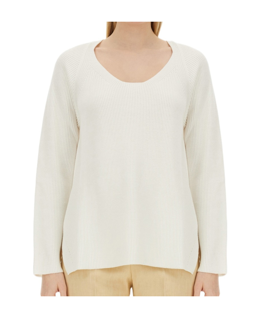 Fabiana Filippi V-neck Sweater With Ribbed Texture And Side Slits In White