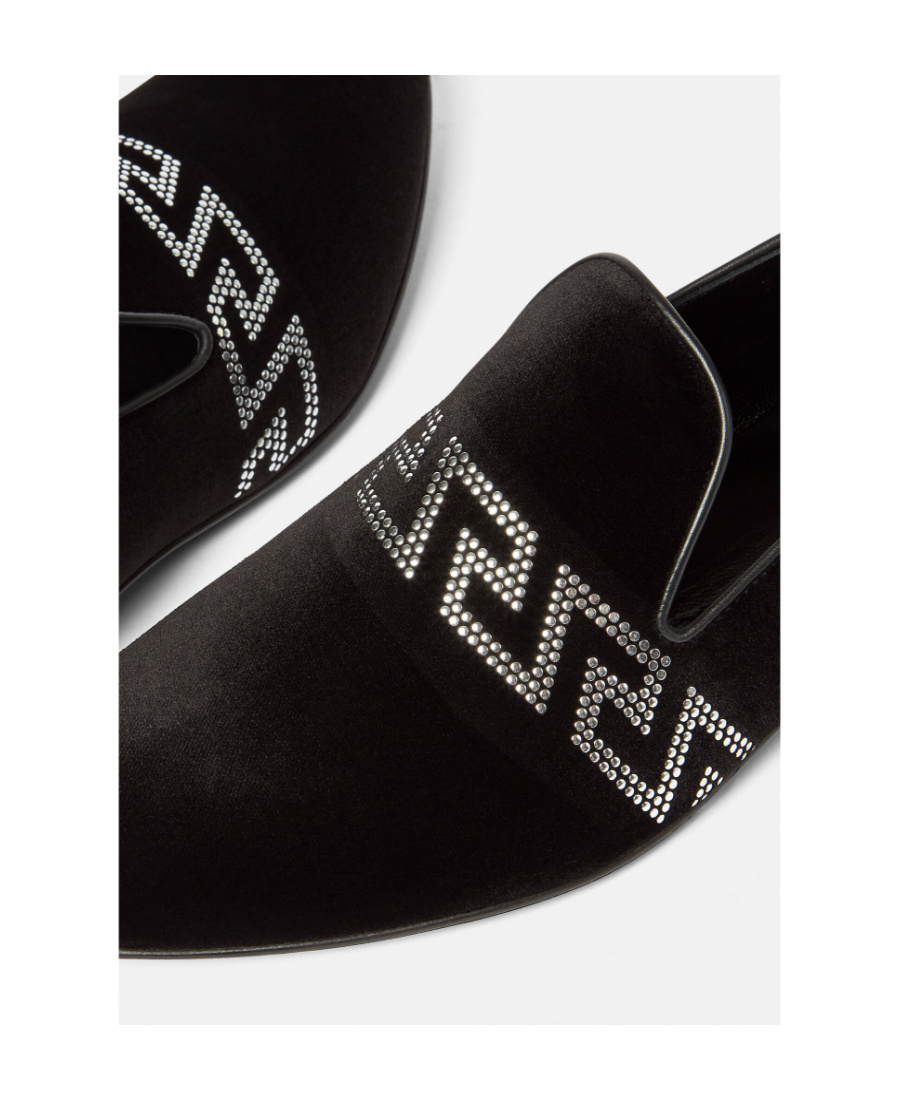 Versace Studded Greca Velvet Loafers In Black
