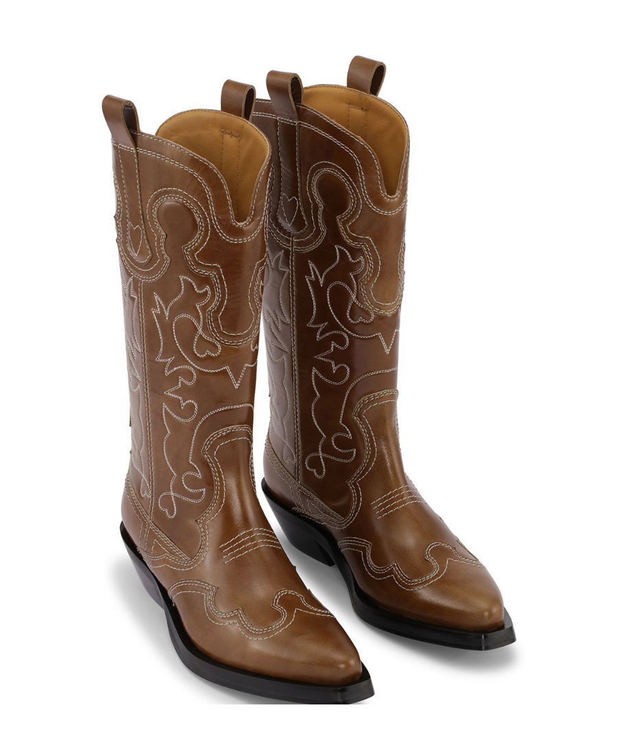 Ganni 50mm Mid-calf Western Boots In Brown