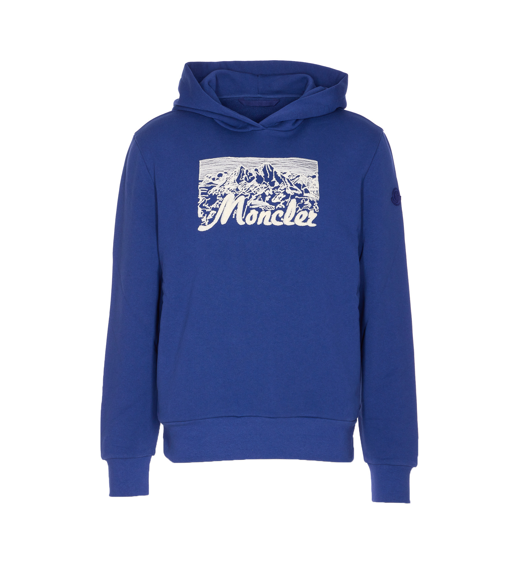Moncler Embroidered Mountain Logo Cotton Hoodie In Blue