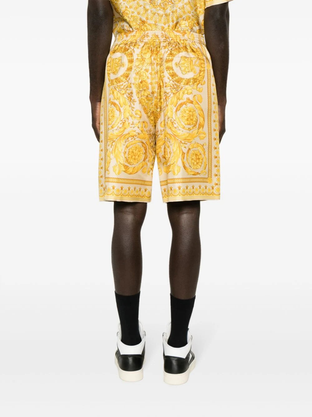 Versace Golden Barocco Print Silk Shorts In Yellow
