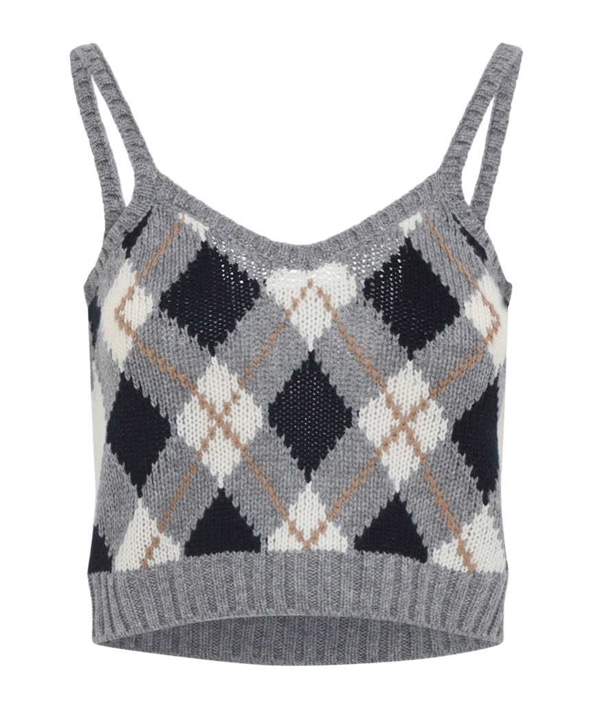 Prada Sleeveless Cropped Knit Argyle Tank Top In Gray