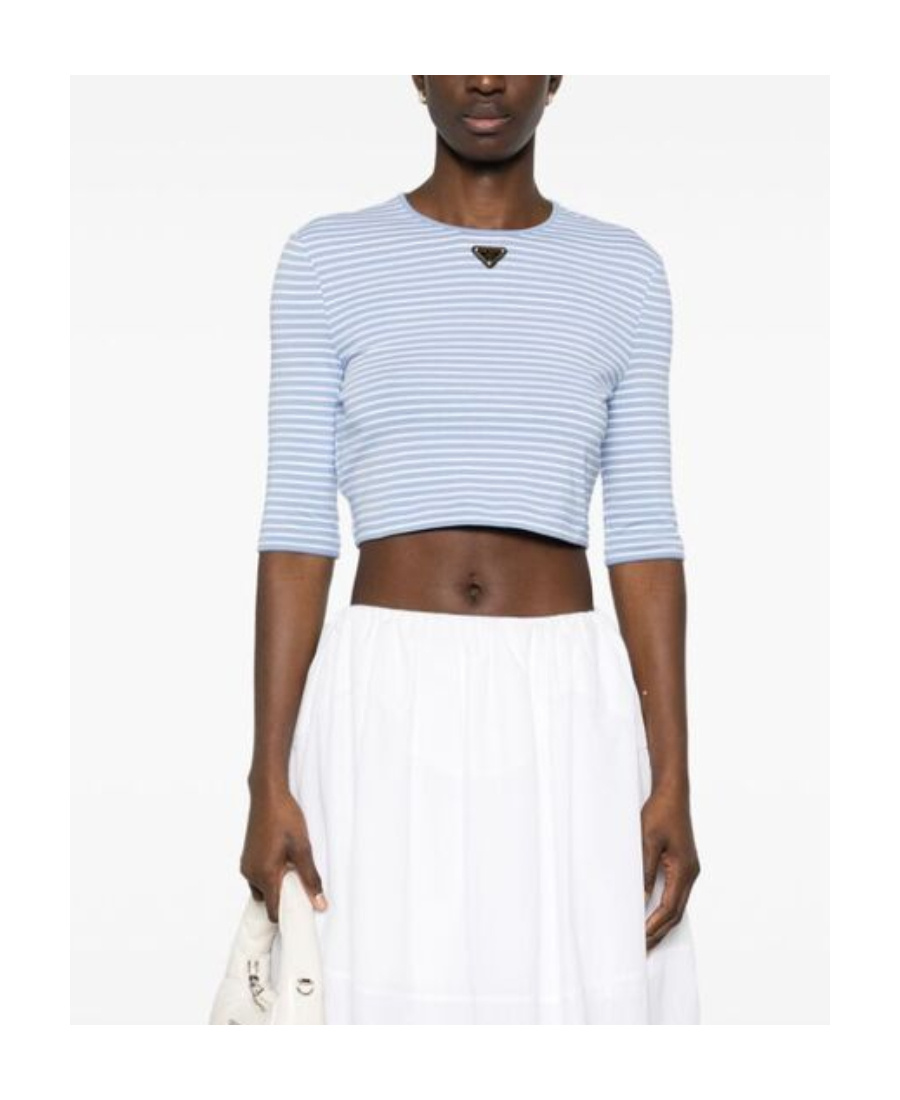 Prada Logo Cotton-blend Crop Top In Blue