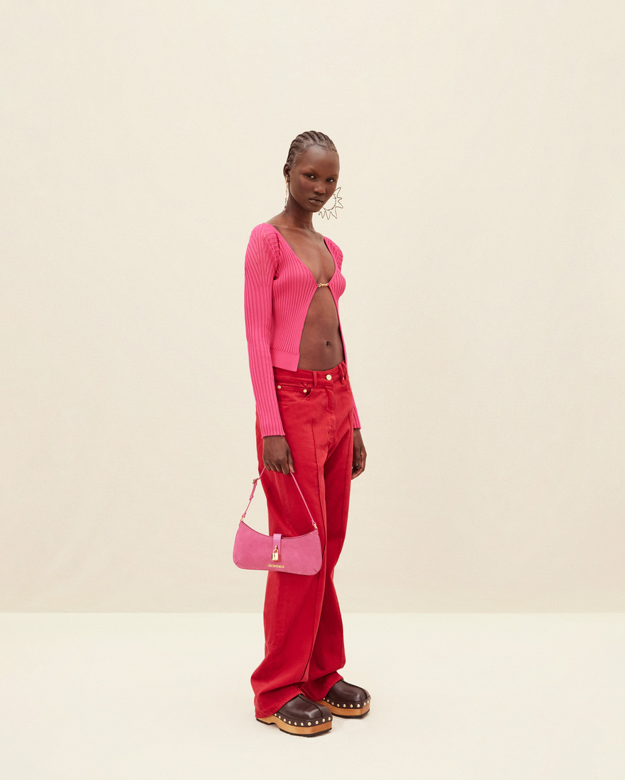 Jacquemus Pralù Cropped Embellished Ribbed-knit Cardigan In Pink