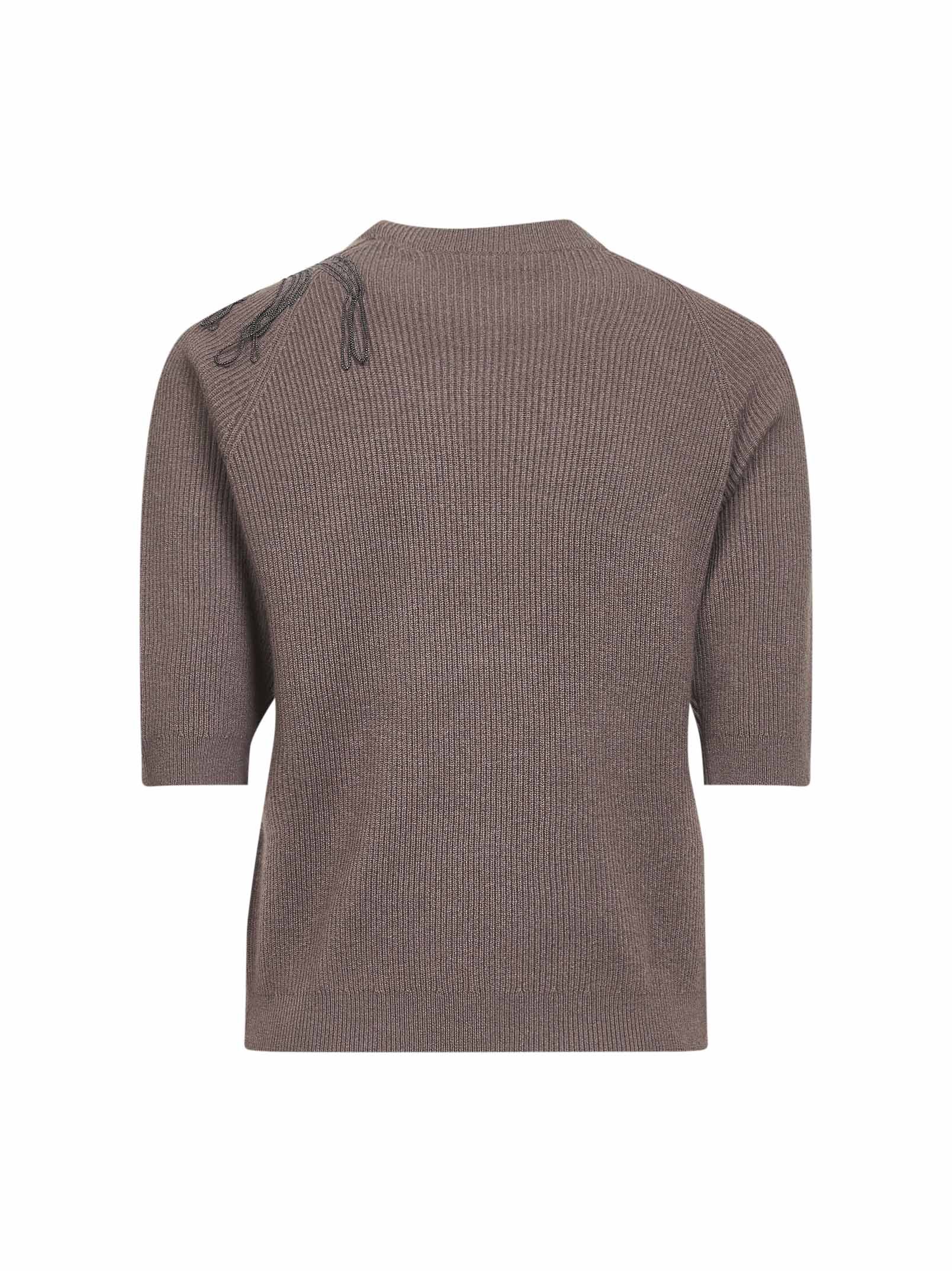 Brunello Cucinelli Women Brown Cashmere Shiny Flower Embroidery Sweater In Multi