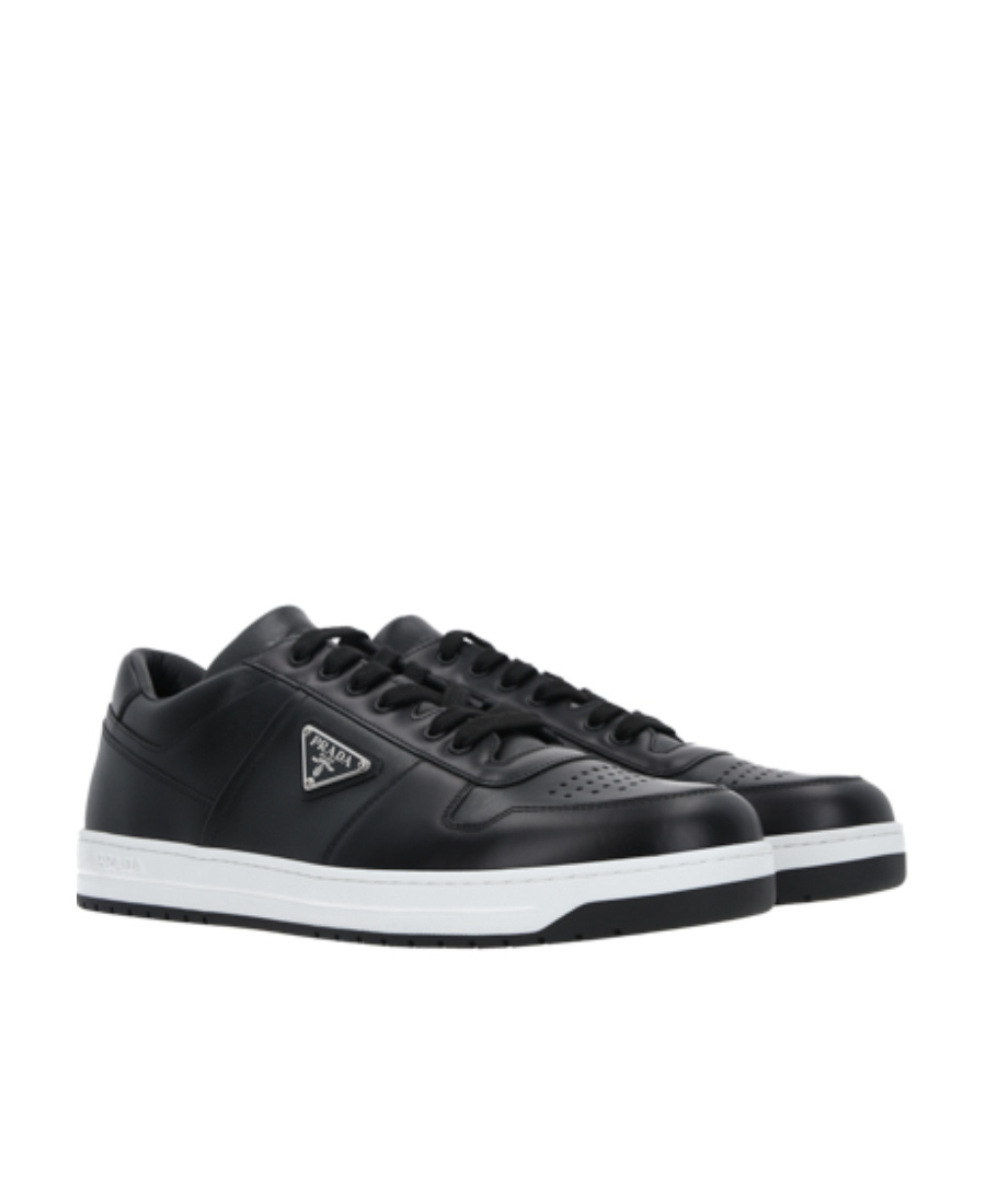 Prada Leather Sneakers With Perforated Toe Cap In Black