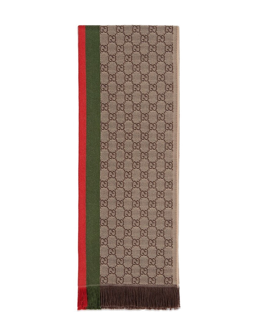 Gucci Gg Jacquard Knit Scarf With Web And Fringe In Brown