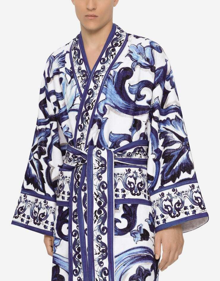 Dolce & Gabbana Graphic-print Long Sleeve Bath Robe In Blue