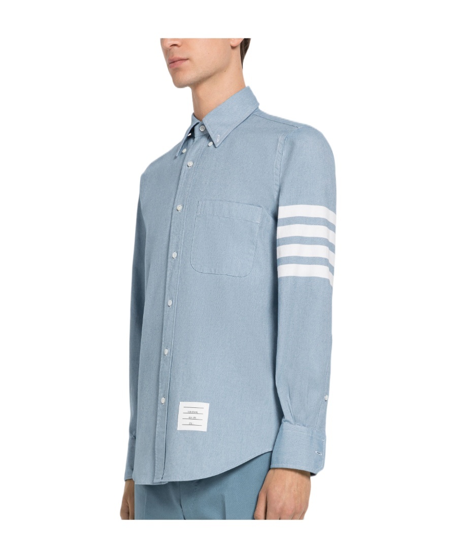 Thom Browne Flannel 4-bar Straight Fit Shirt Man Polo Shirt Multicolored Size L Cotton In Blue