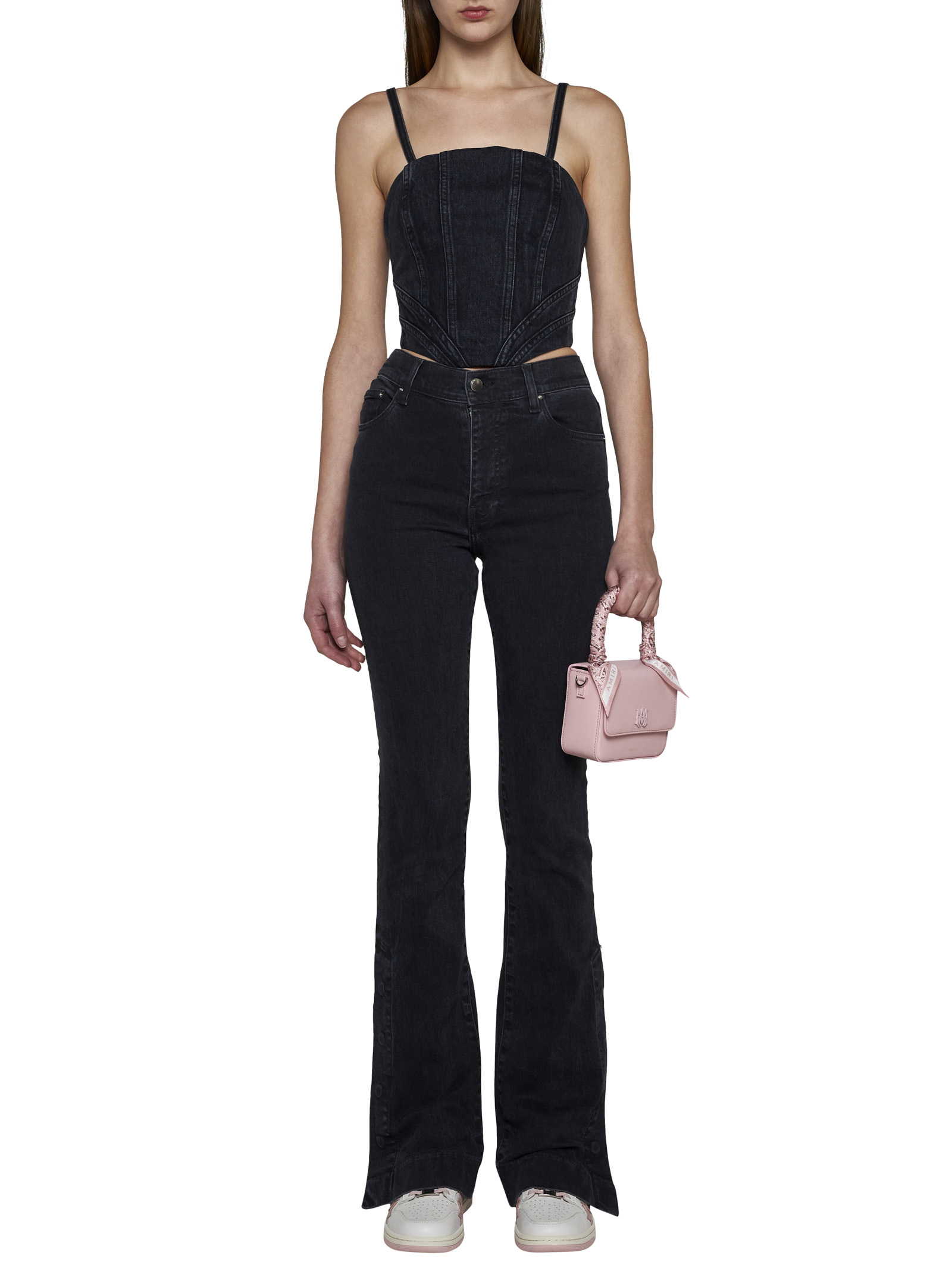 Amiri Cropped Denim Bustier Top With Spaghetti Straps In Black