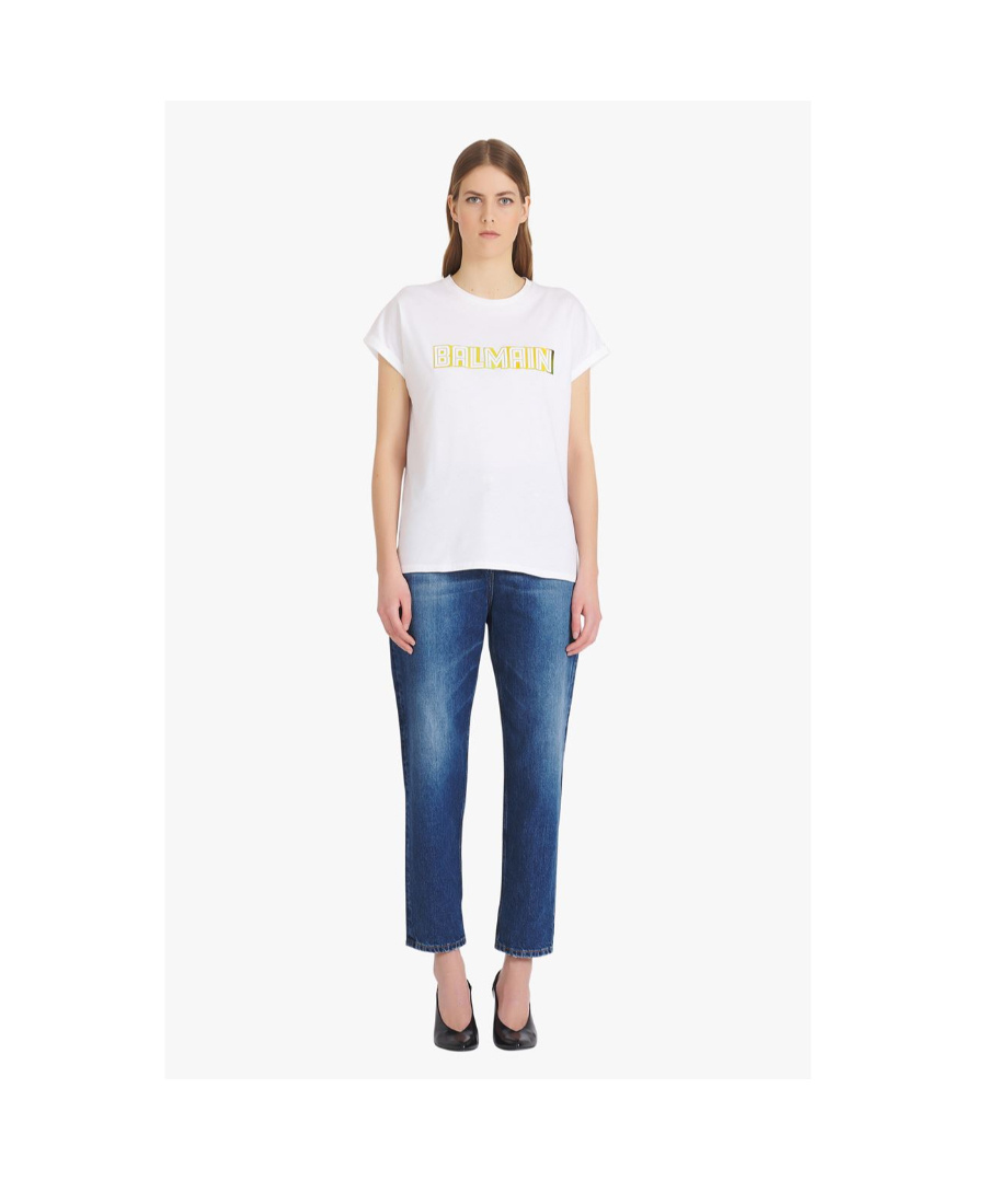 BALMAIN WHITE COTTON T-SHIRT WITH GOLD BALMAIN LOGO