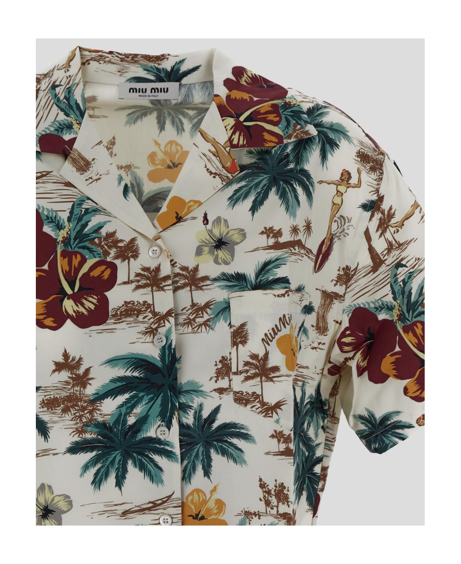 Miu Miu Cropped-seidenhemd Mit Floralem Print In Nude
