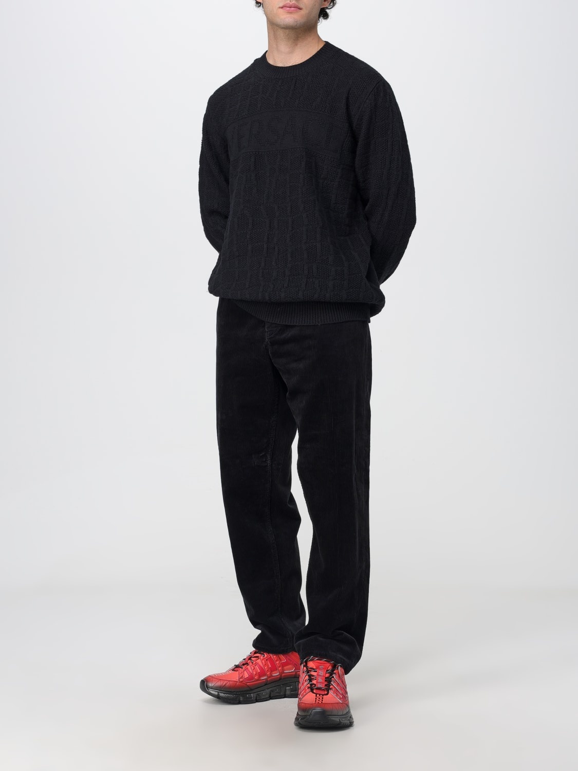 Versace Crocodile-pattern Cable-knit Jumper In Black