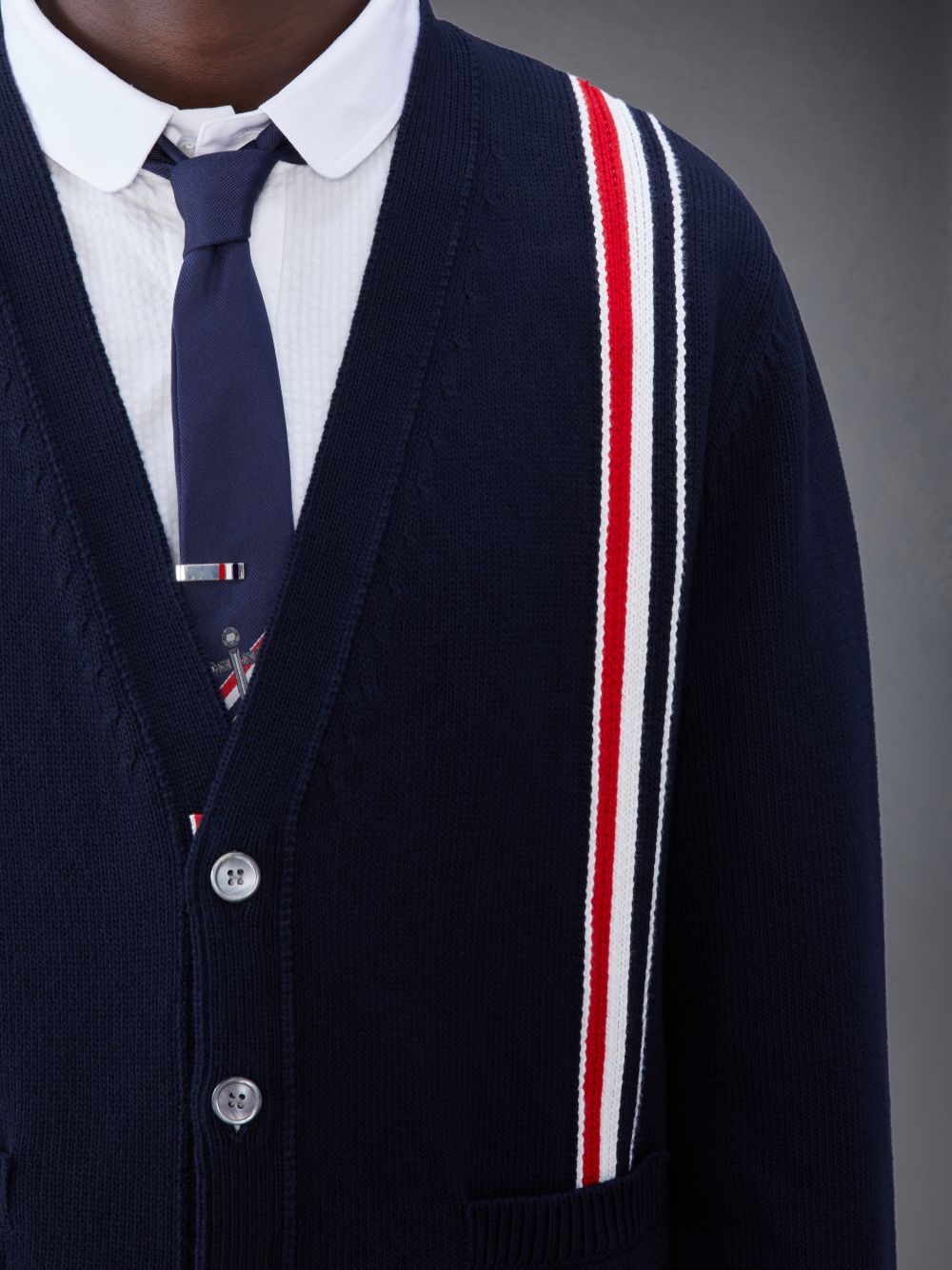 Thom Browne Rwb Stripe Intarsia Cotton Cardigan In Blue