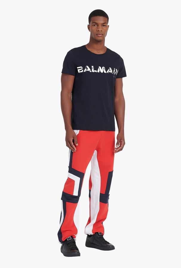 Shop Balmain Navy Blue Cotton T-shirt With White Logo Print In Black