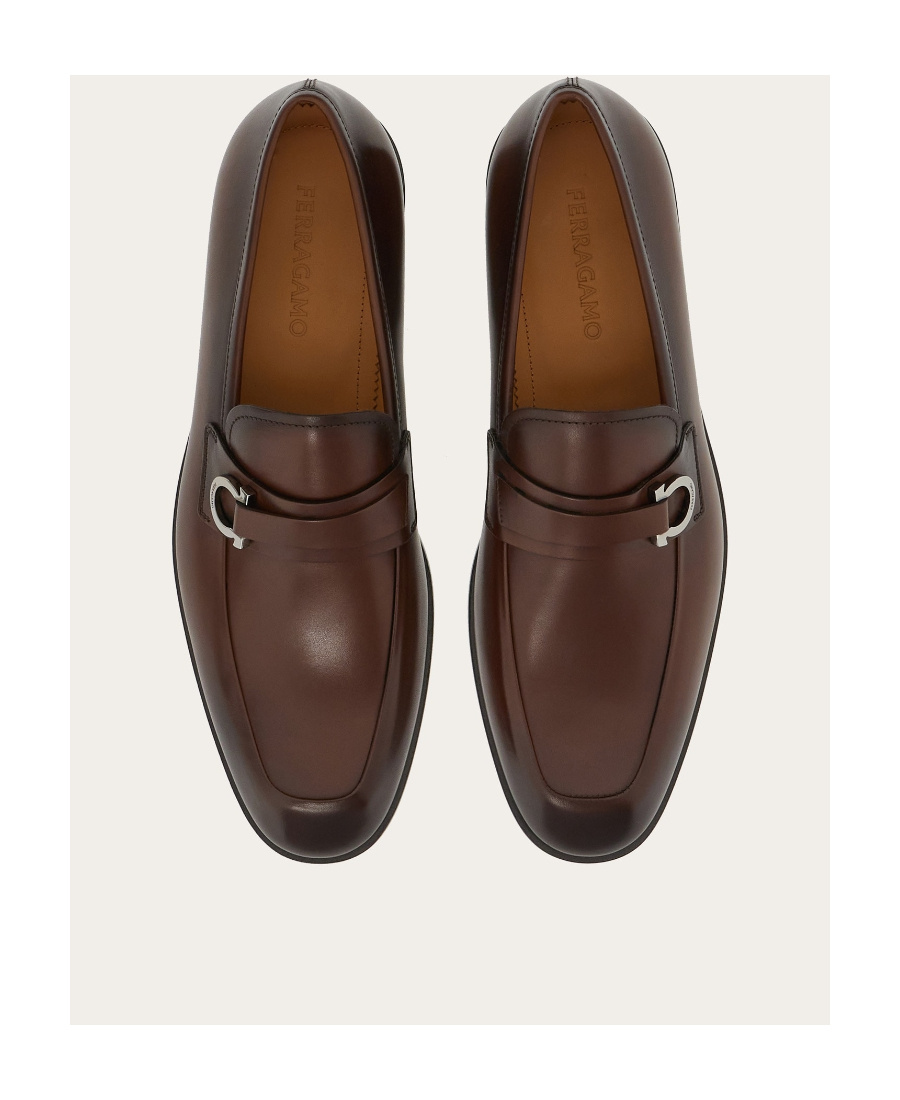 Ferragamo Florio Leather Loafer With Gancini Detail In Brown