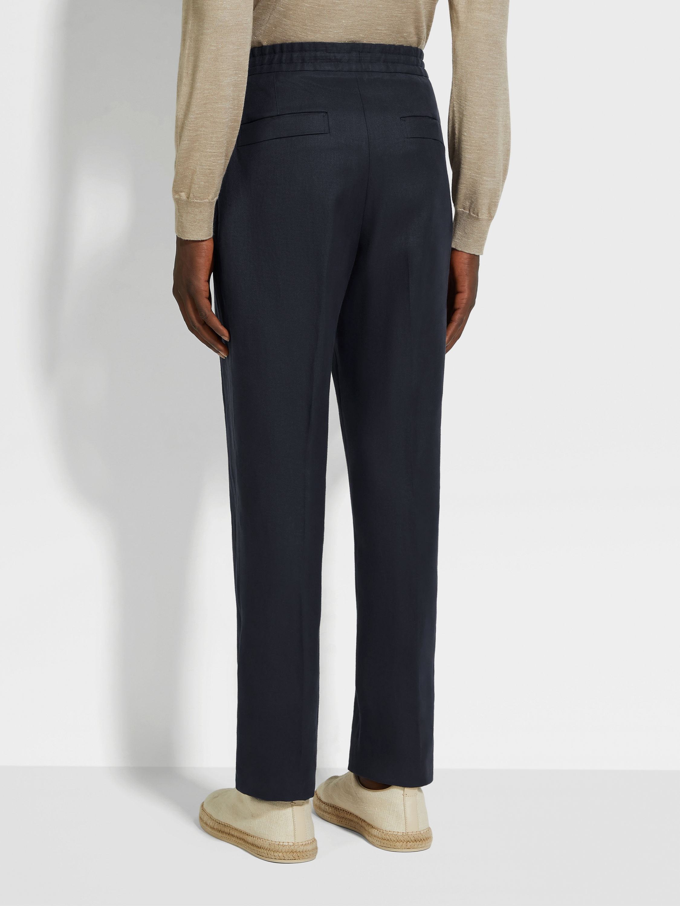 Shop Zegna Linen Trousers In Navy Blue