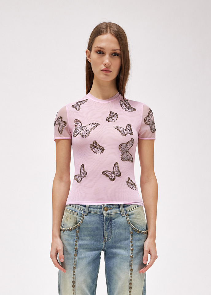Blumarine Butterfly-studded Semi-sheer T-shirt In Pink
