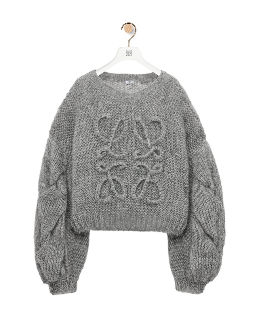 Loewe Logo-embroidered Open-knit Jumper In Gray