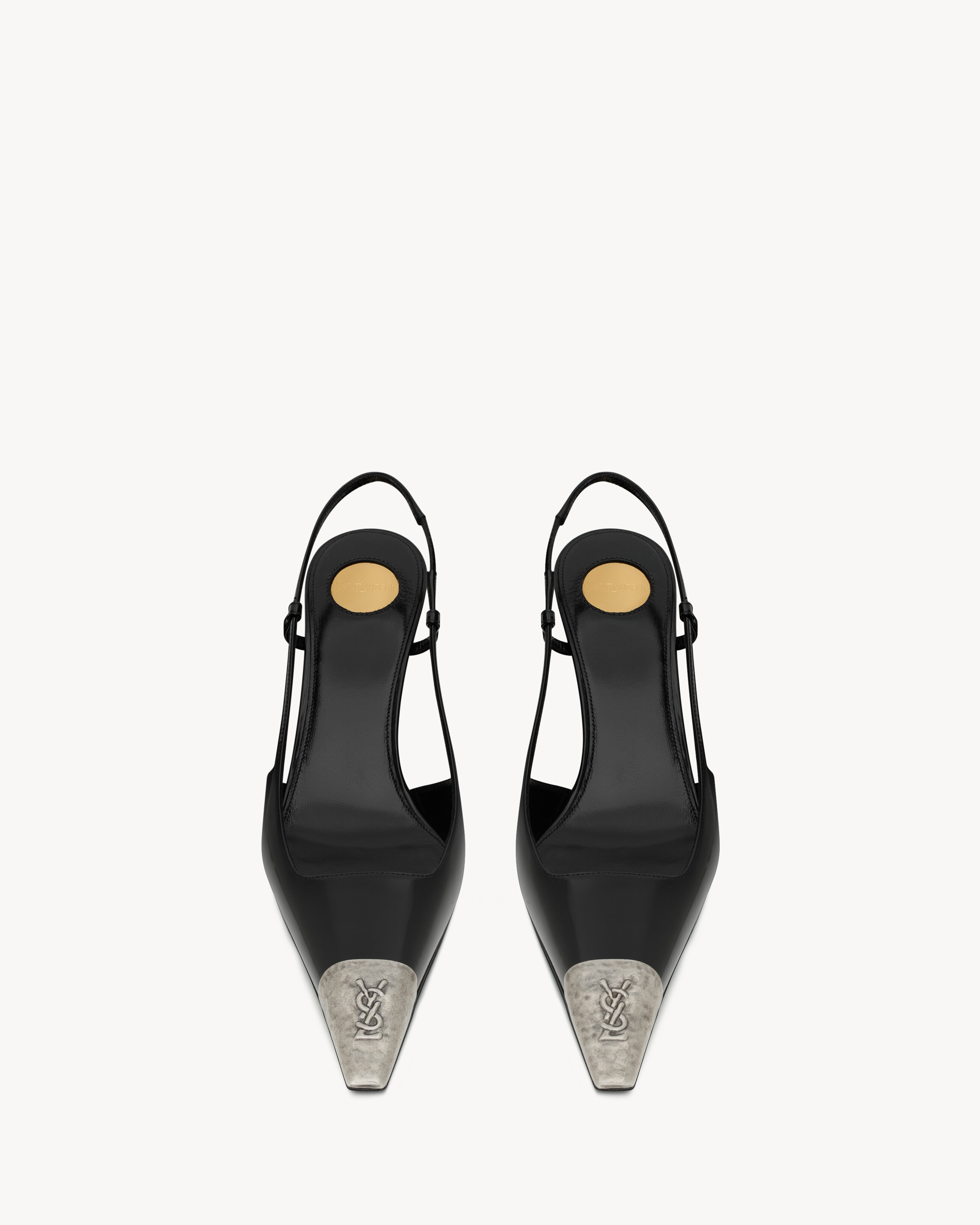 Saint Laurent Jeanne Slingback Pumps In Glazed Leather With Metal Toe Shoes In Black