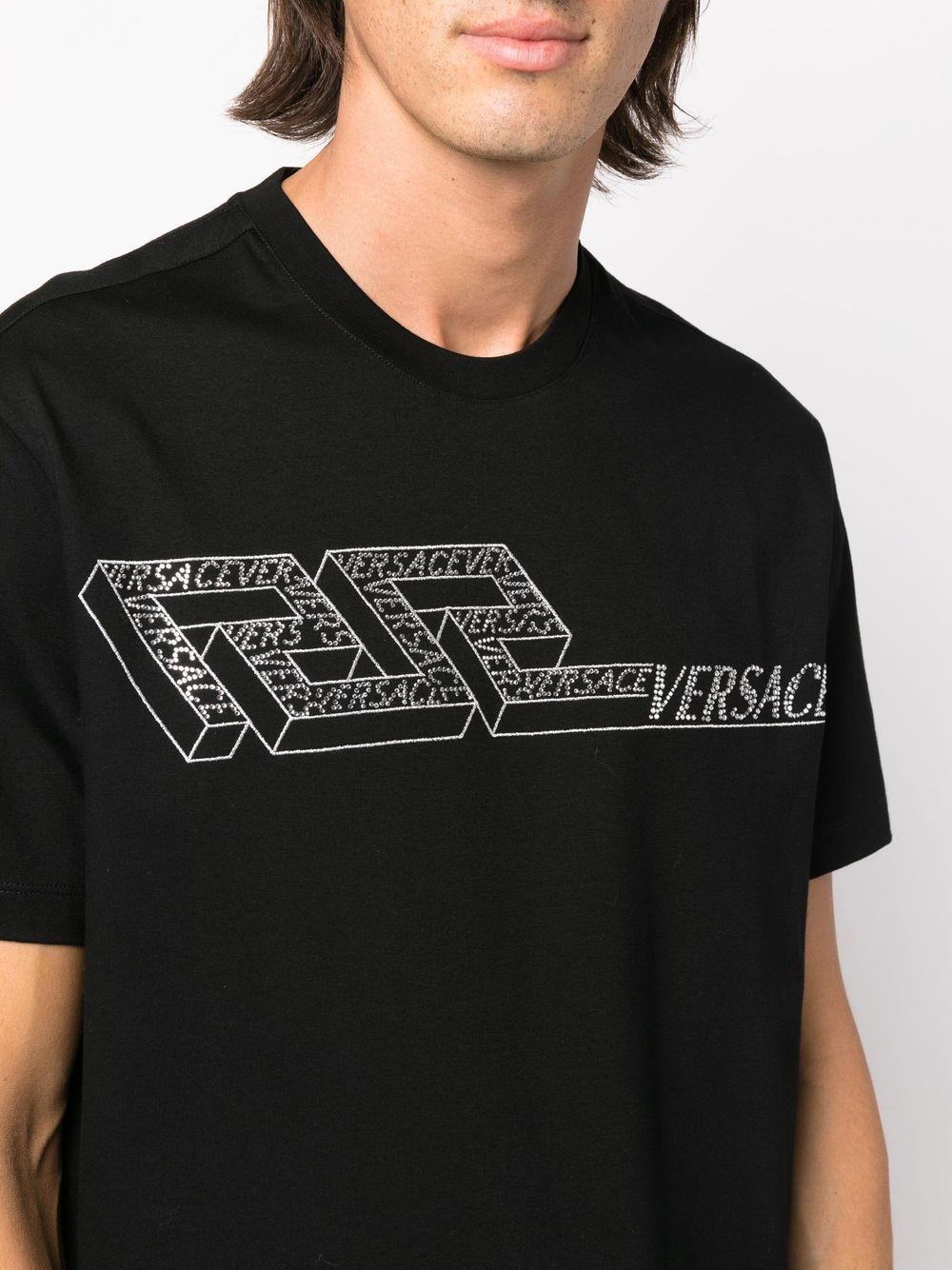 Versace Crystal Logo-embellished T-shirt In Black