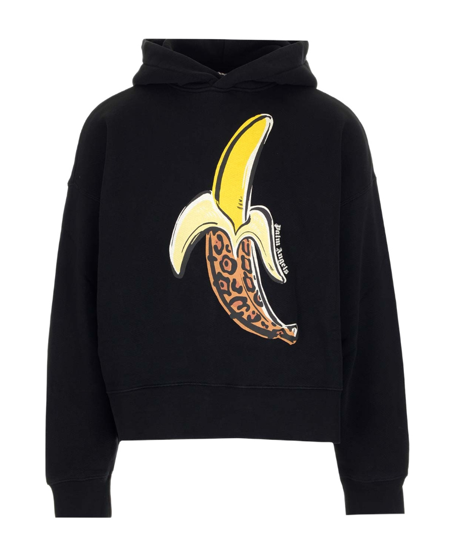 Palm Angels Banana Print Cotton Sweatshirt Hoodie In Black