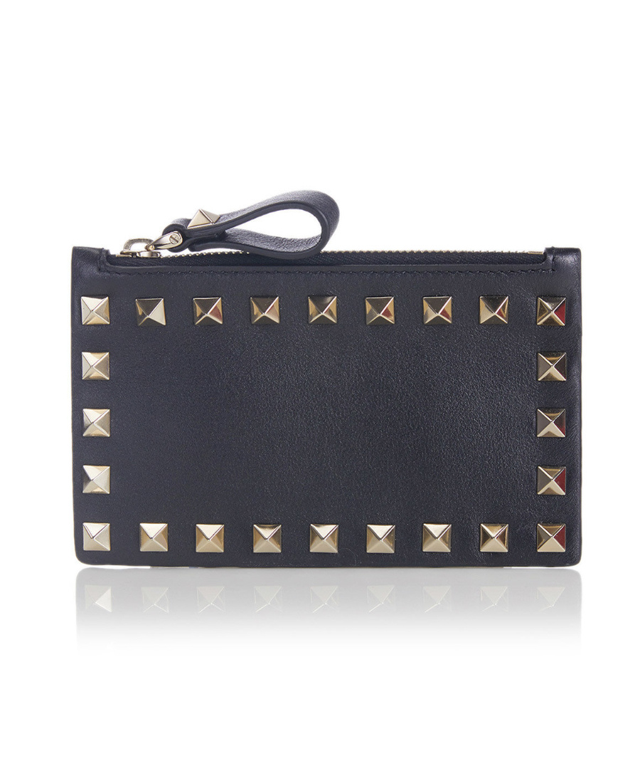 Valentino Rockstud Leather Cardholder In Black