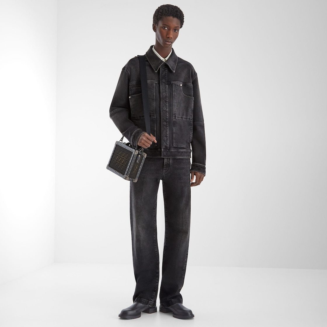 Fendi Straight Cut Denim Jacket In Black