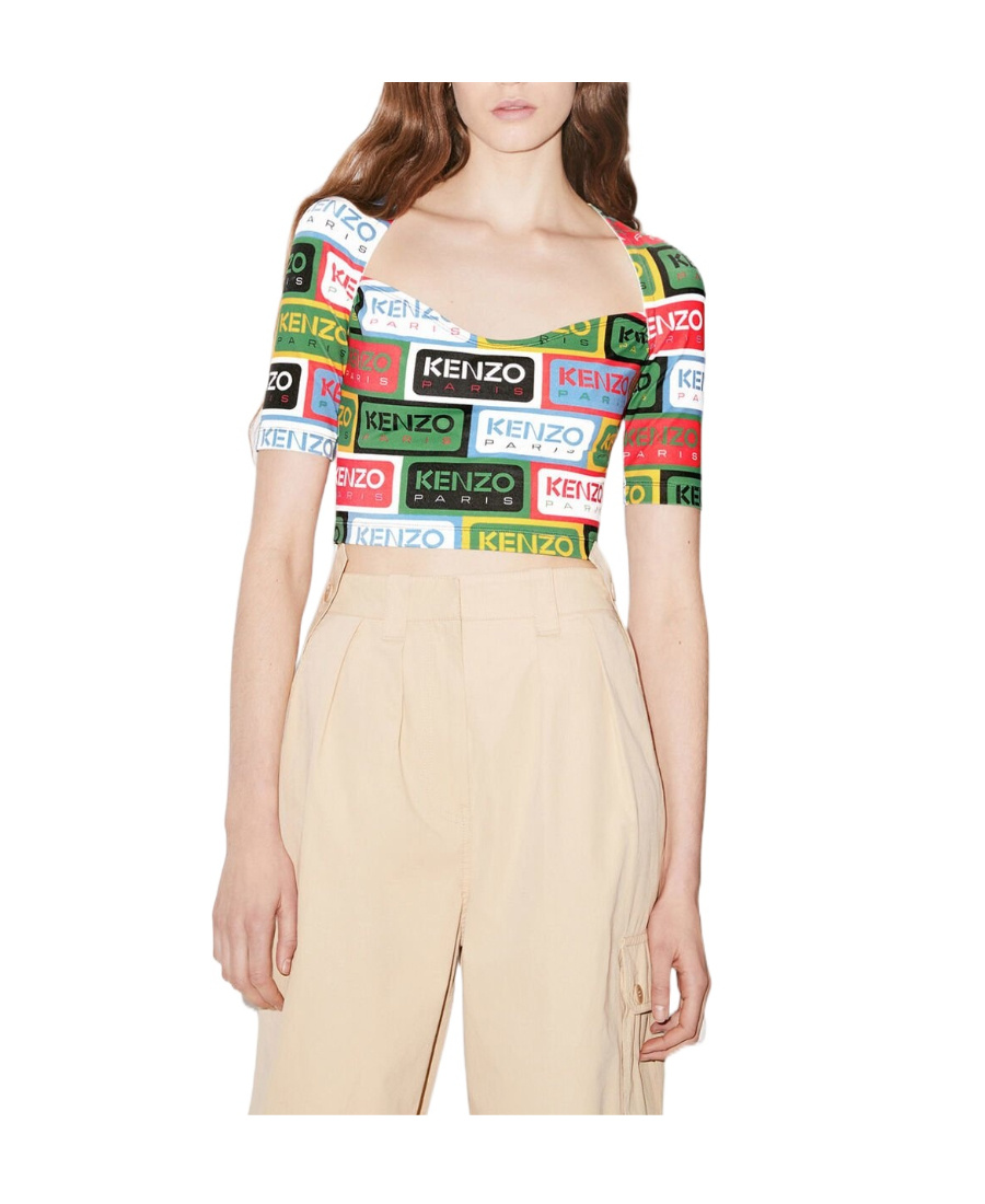 Kenzo All-over Logo Printed Crewneck Crop Top In Multicolor