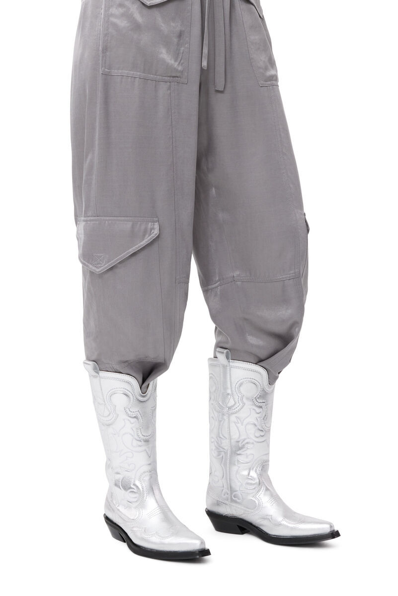 Shop Ganni Silver Mid Shaft Embroidered Western Boots In White